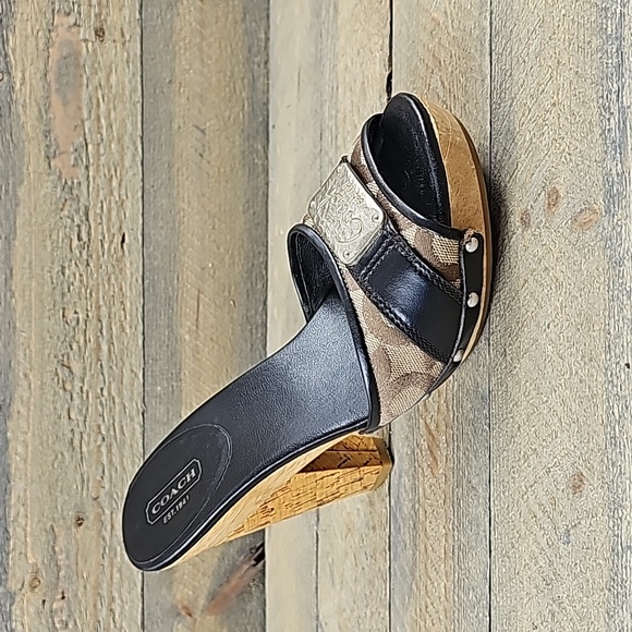 Coach Shoes - COACH Women's Illisa Heel Shoes Black Brown Brass Logo Plate Platform Sandal